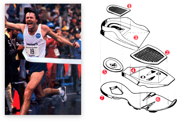 Rod Dixon crossing the finish line and a drawn daiagram of a shoe